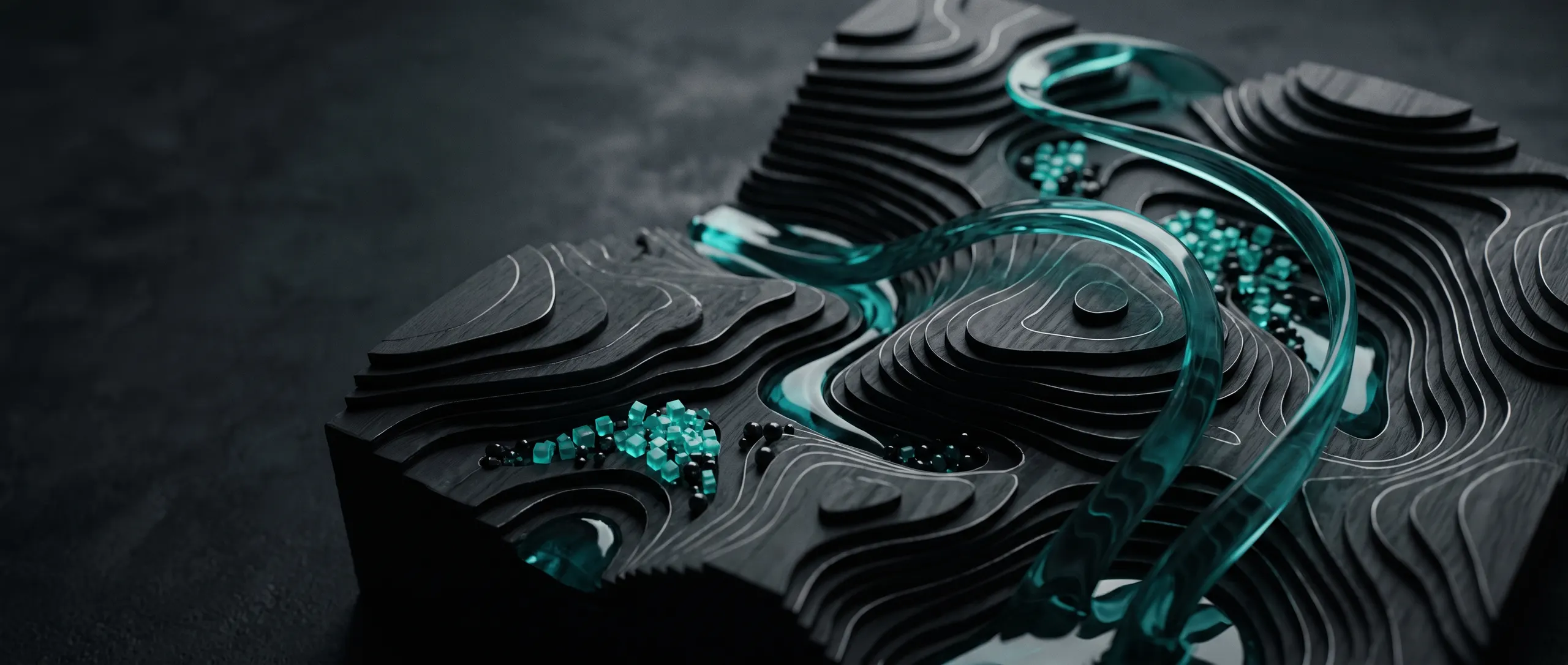 Liquid teal ribbons flowing through carved charcoal strata