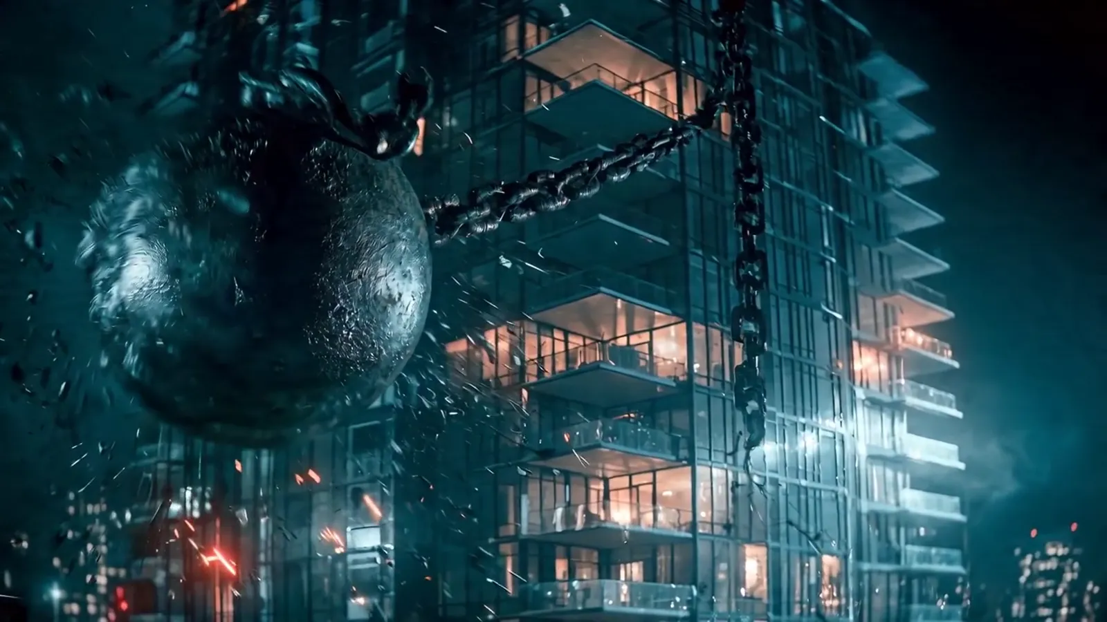 An operator lit teal inside a machine cab above a night city