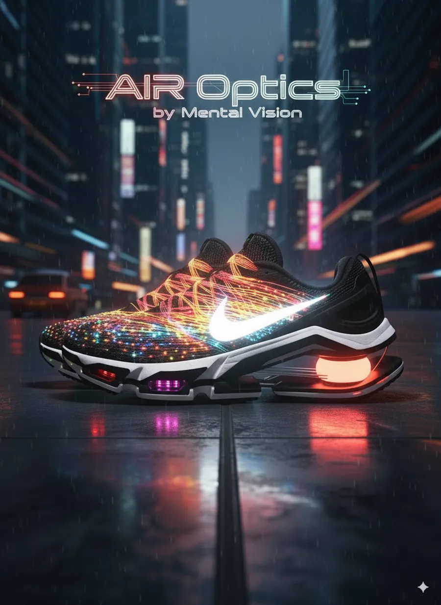 A concept sneaker with fibre-optic filament woven through the upper, lit on a wet neon street