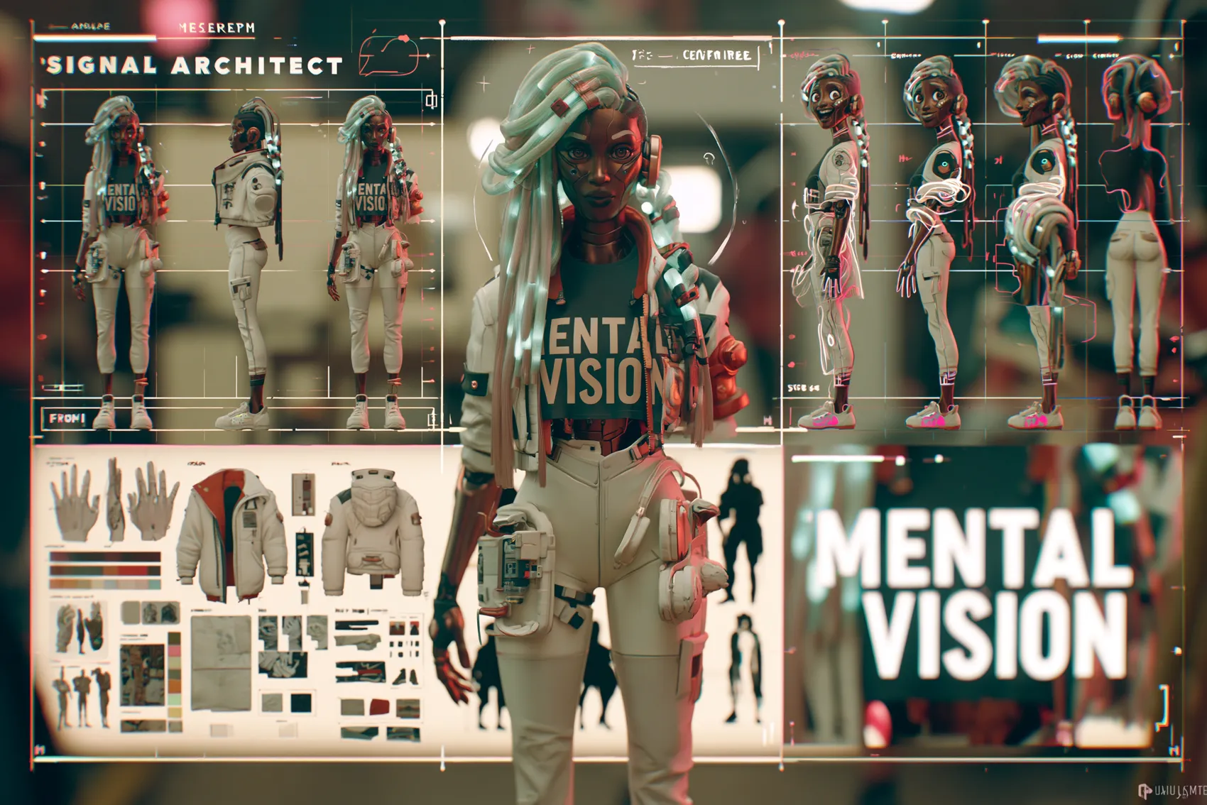 Character reference sheet: Signal Architect, cream techwear with red accents and cable dreadlocks