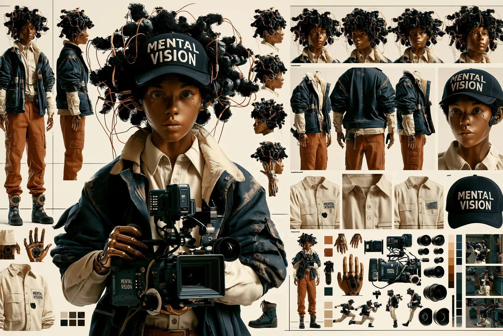 Character reference sheet: a camera operator in a Mental Vision cap, with turnarounds, wardrobe and camera gear plates
