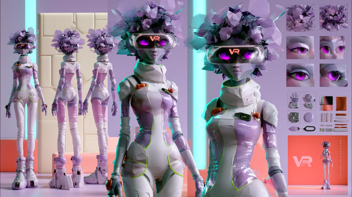 Character reference sheet: a stylised figure with lilac crystalline hair and a VR visor