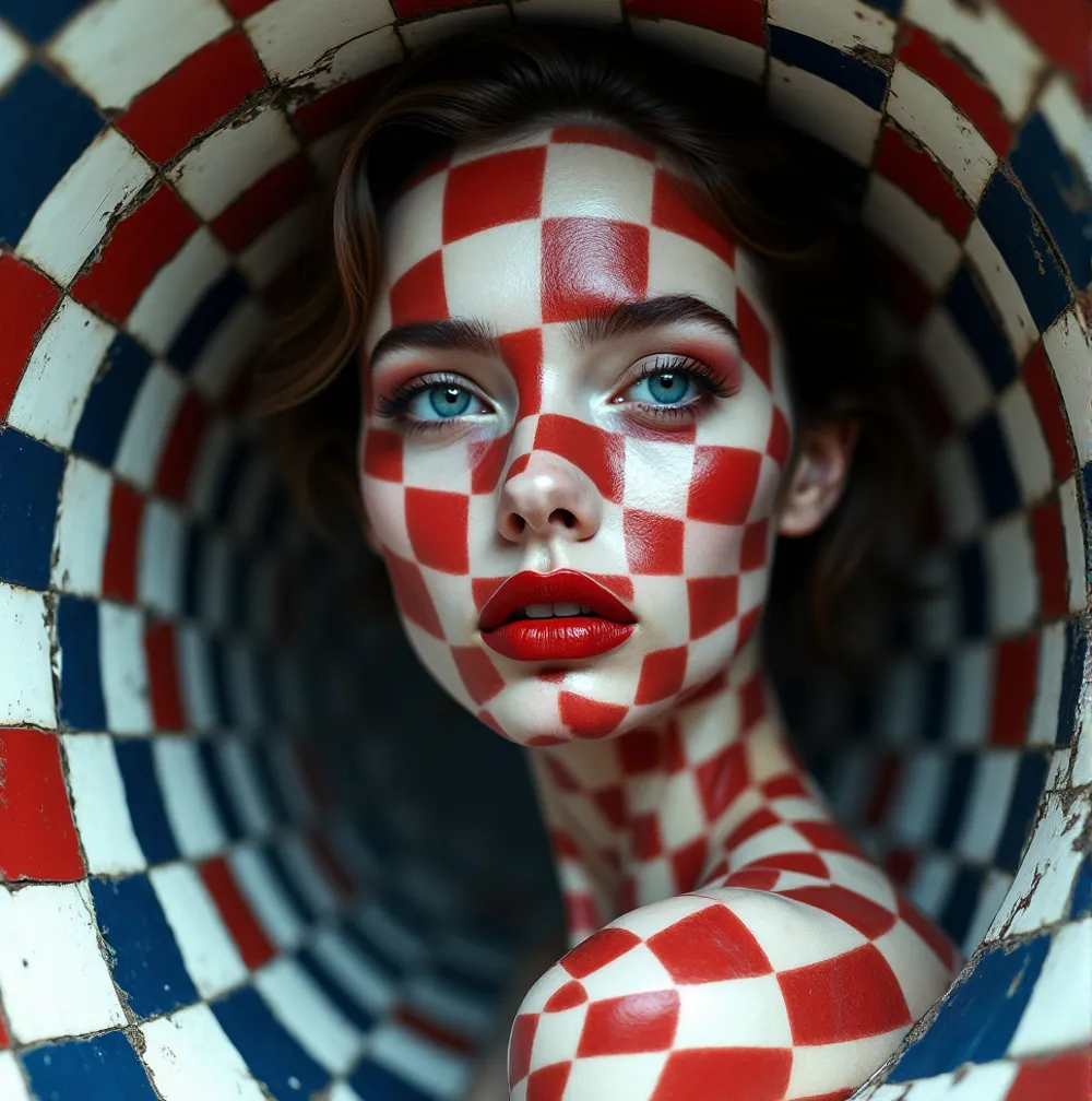 A woman's face painted in red and white checkerboard, emerging from a matching checkered tunnel