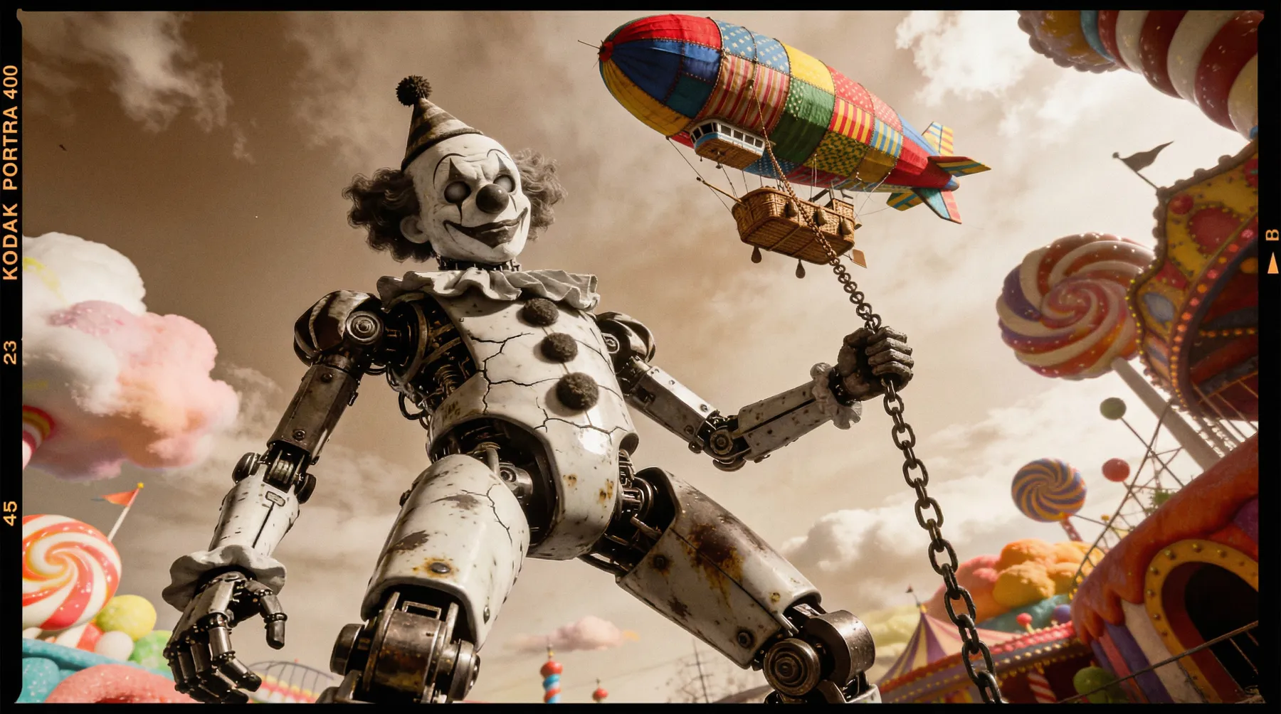 A weathered mechanical clown holding a rainbow airship's chain above a candy-coloured fairground, framed as a 35mm Portra film frame